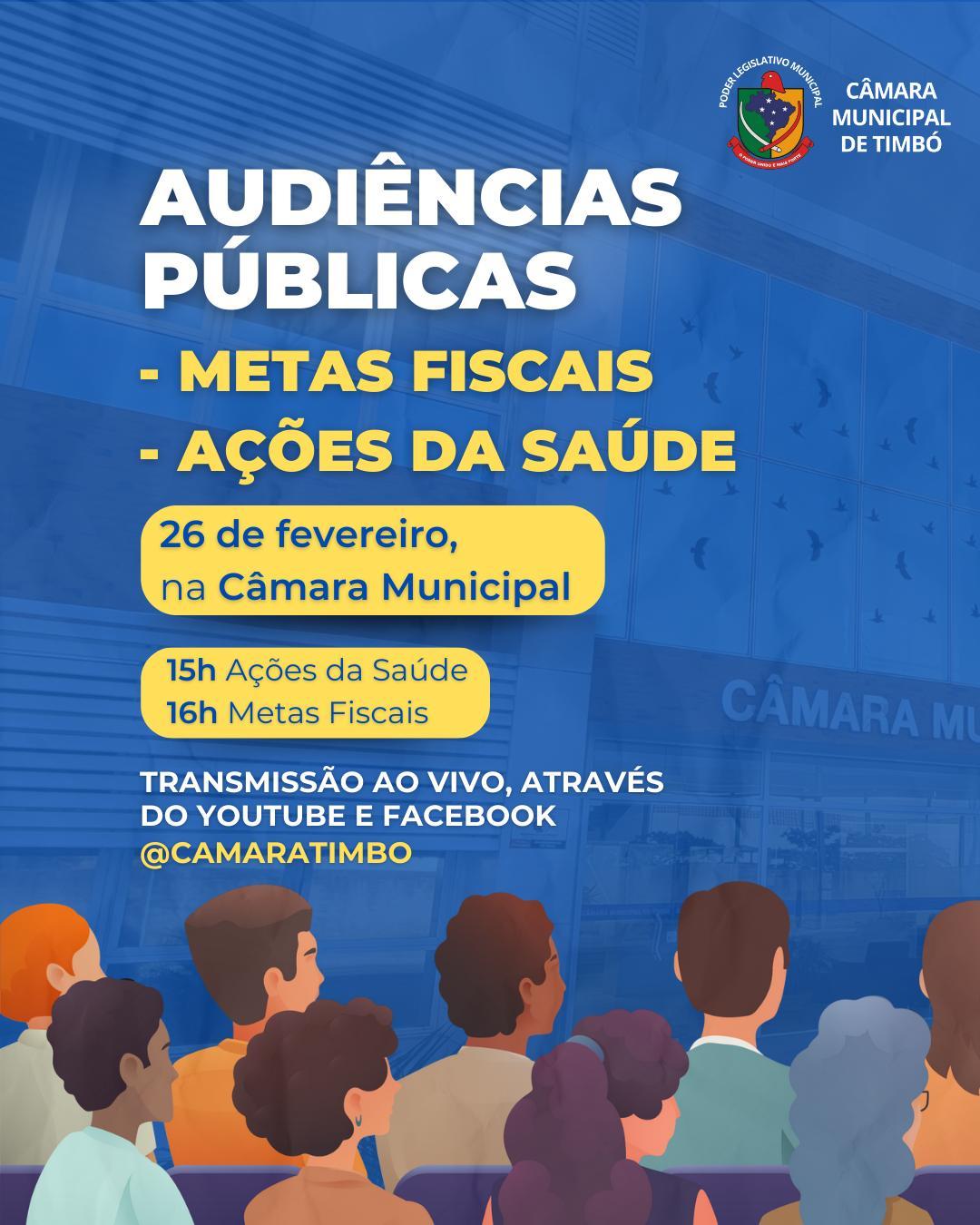 Audiências públicas sobre ações da saúde e metas fiscais do Executivo acontecem nesta quarta-feira