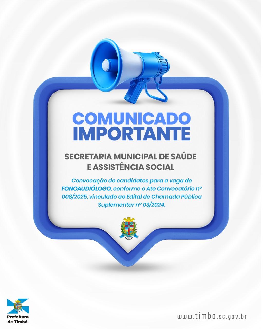 Prefeitura de Timbó convoca candidatos para vaga de Fonoaudiólogo na Secretaria de Saúde e Assistência Social