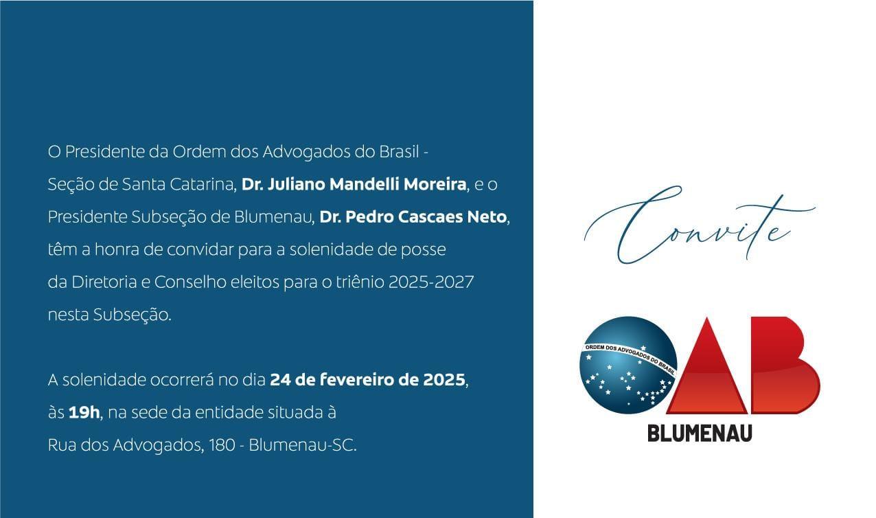 Solenidade de Posse da OAB Blumenau acontece no dia 24 de fevereiro