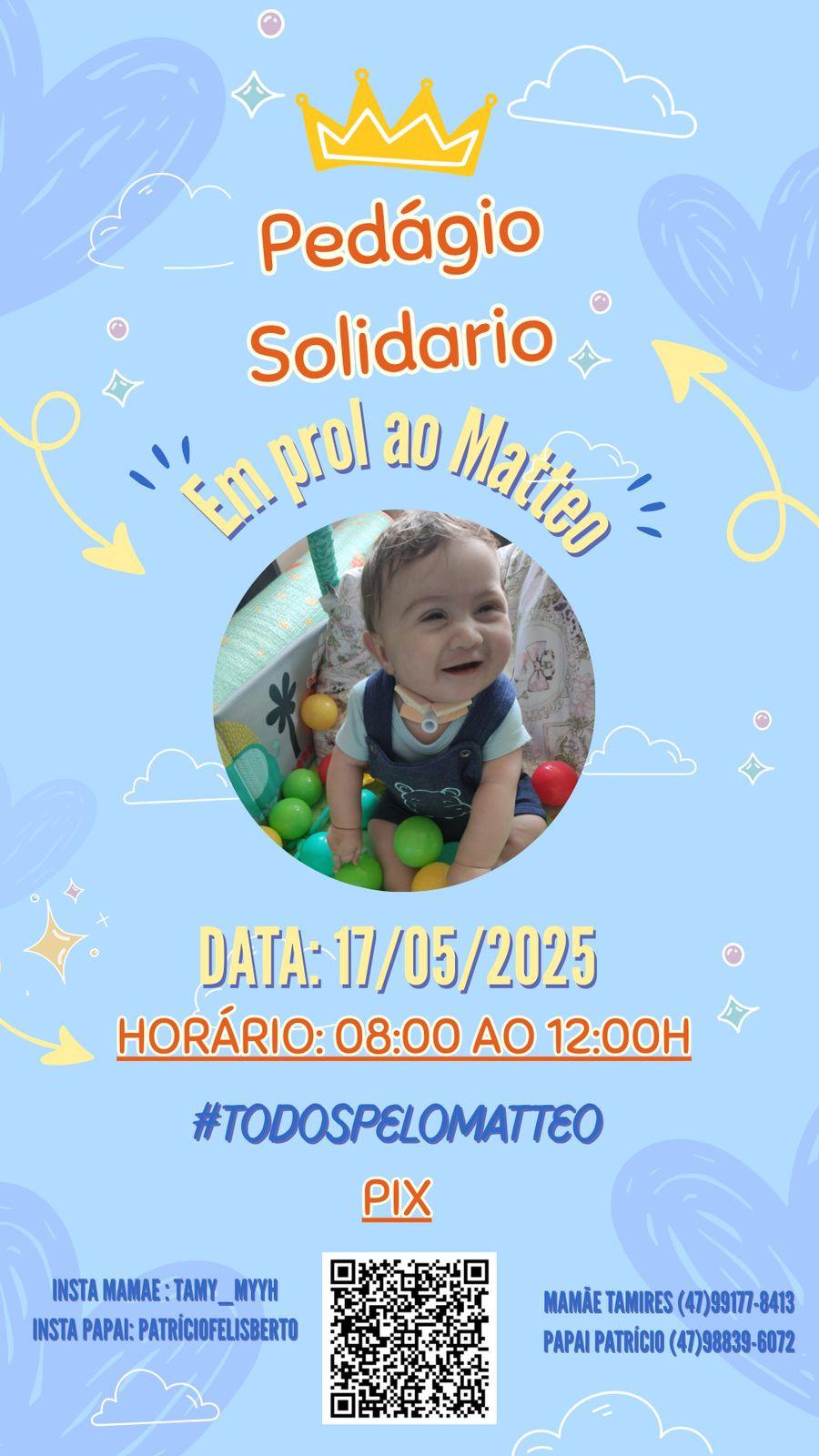 Família e apoiadores realizam pedágio solidário para o pequeno Matteo neste sábado em Indaial