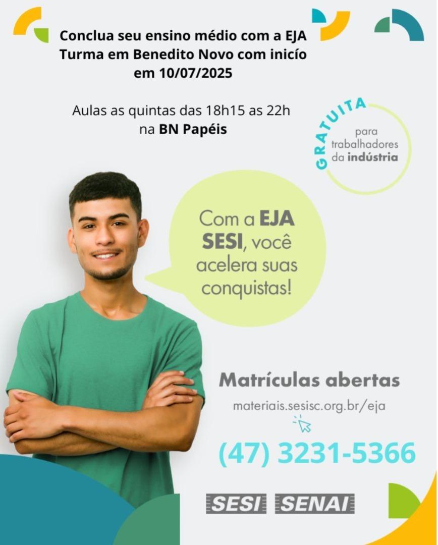 EJA SESI oferece oportunidade de escolarização e qualificação profissional gratuita em Benedito Novo