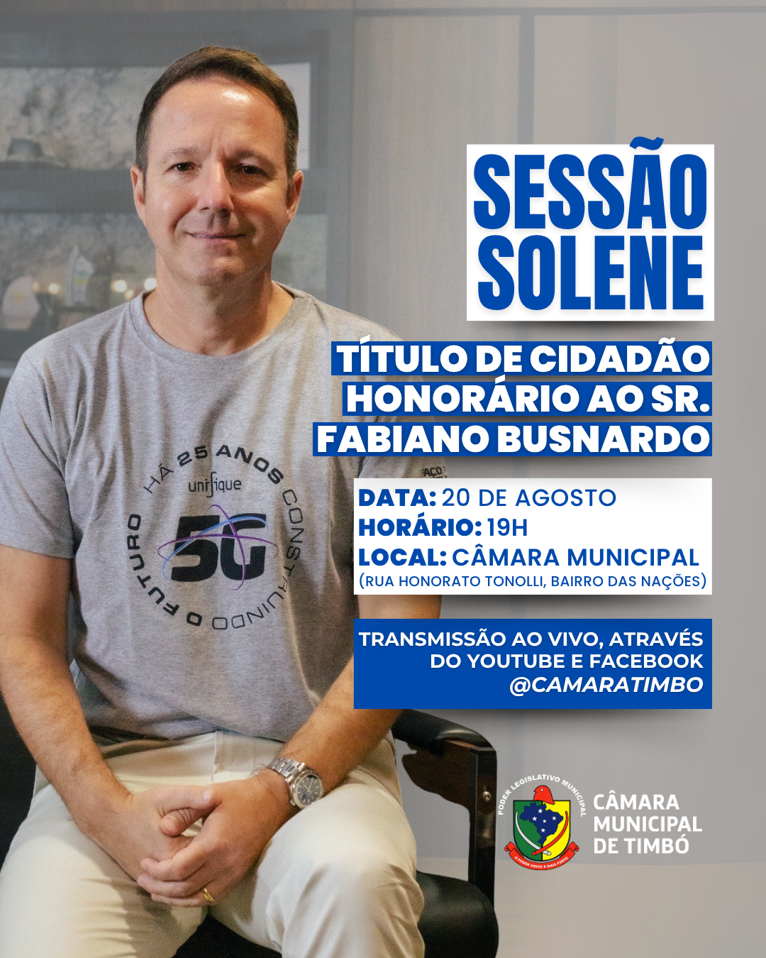 Fabiano Busnardo será homenageado com título de cidadão honorário timboense na próxima semana
