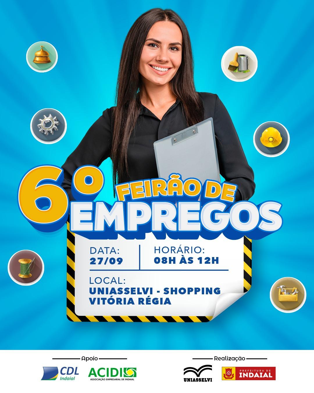A Prefeitura de Indaial, em parceria com a Uniasselvi, realiza na quinta-feira, 27 de setembro, das 8h às 12h, o 6º Feirão de Empregos.