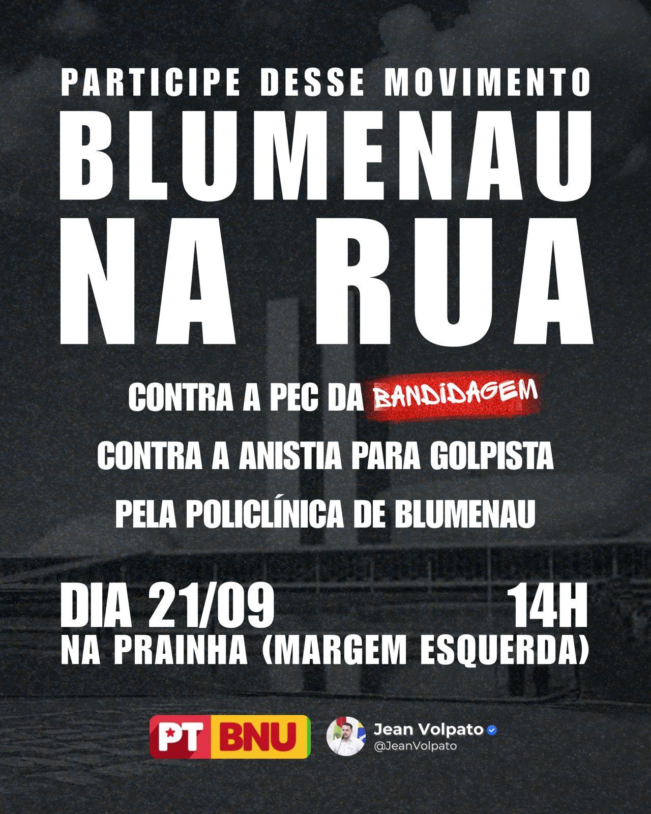 Blumenau vai às ruas contra a PEC da Blindagem e contra a anistia aos golpistas