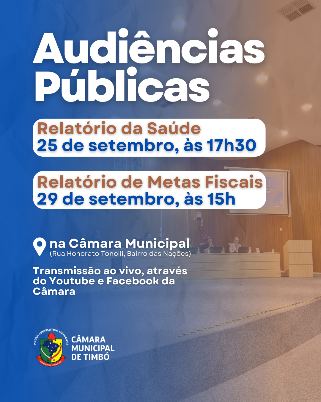 Câmara de Timbó realiza em setembro Audiências Públicas sobre relatórios da saúde e metas fiscais; confira as datas