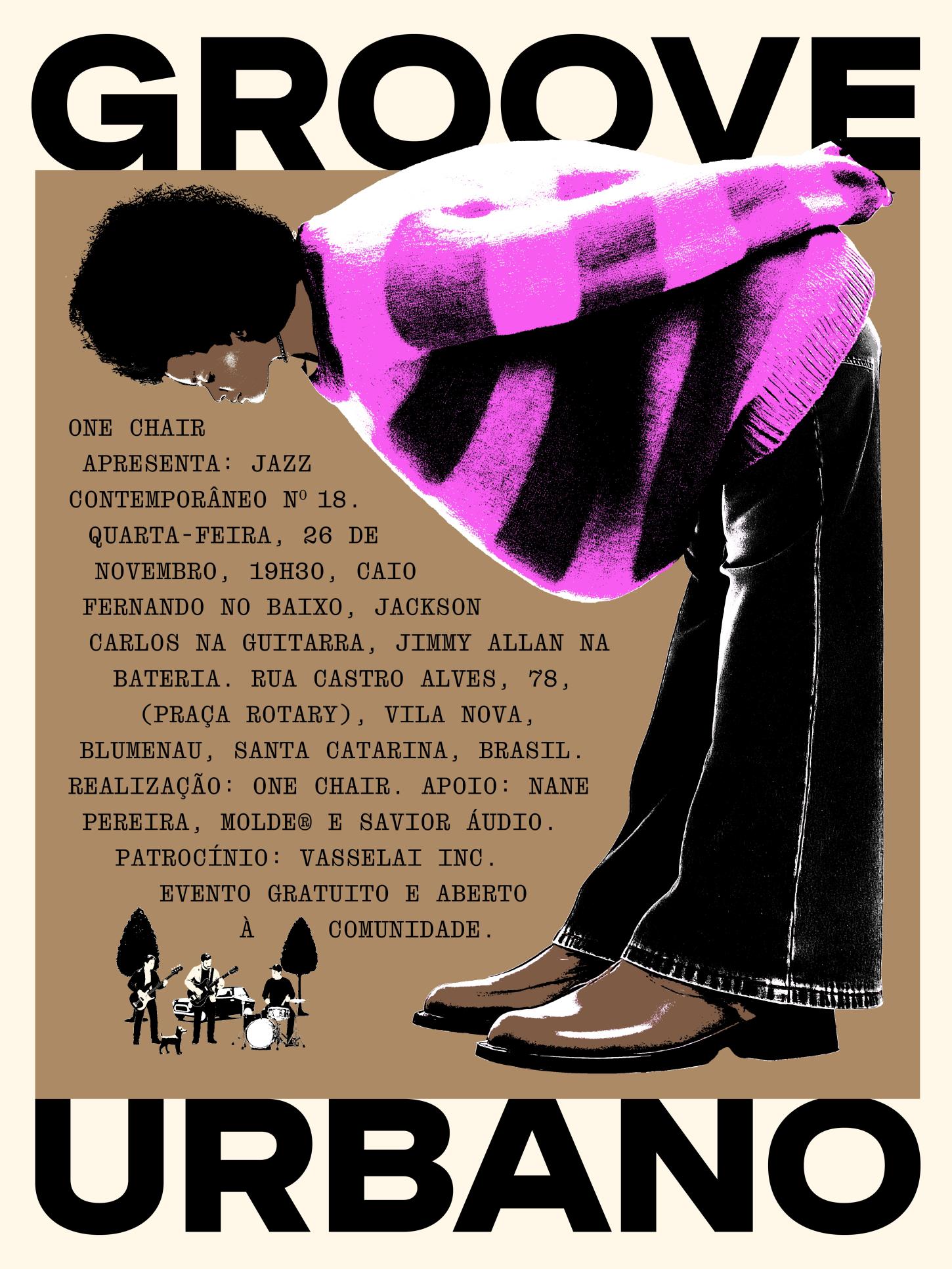 Projeto Groove Urbano traz apresentação de jazz contemporâneo na praça em frente ao Rui's One Chair em Blumenau no dia 26 de novembro