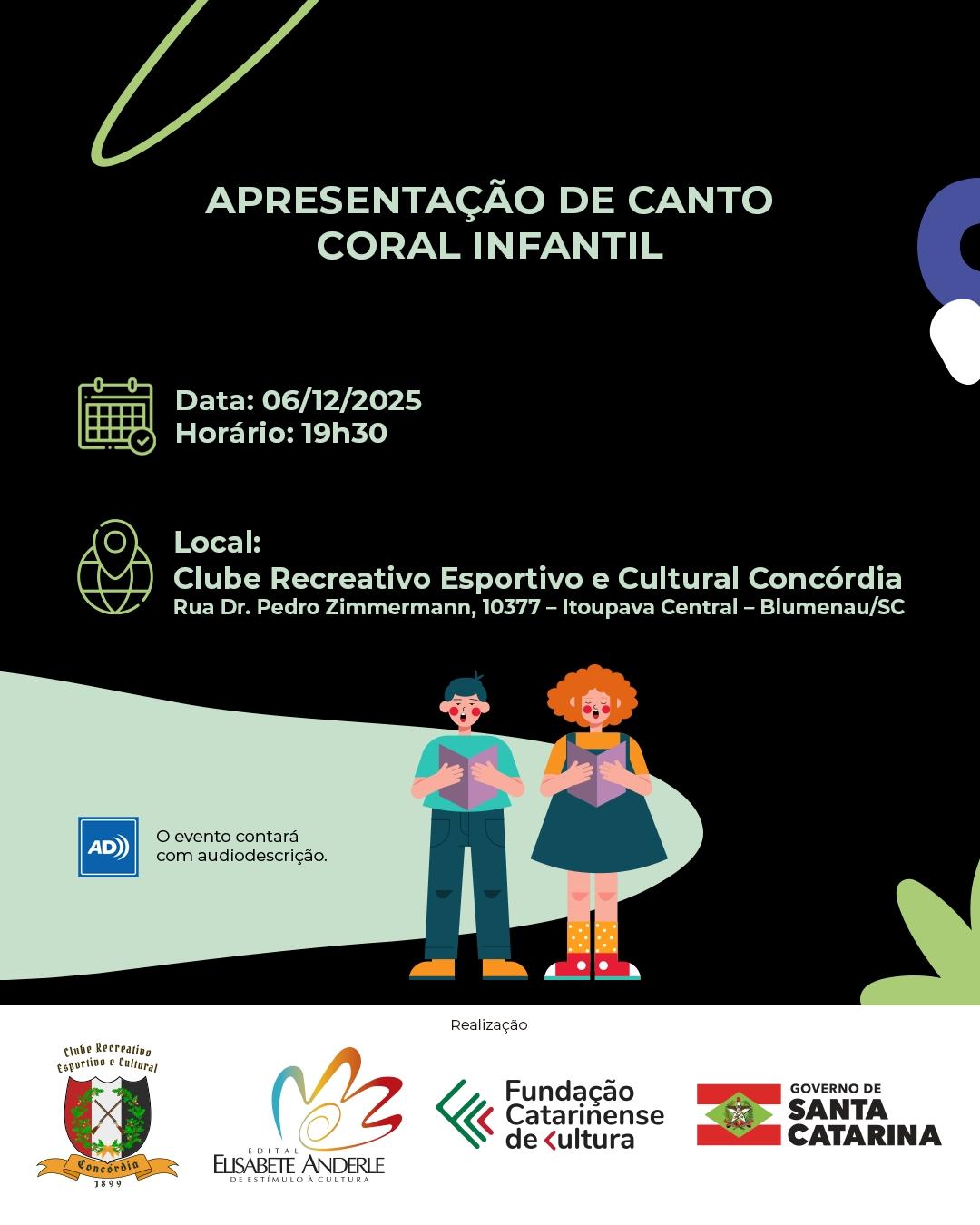 Apresentação de Canto Coral juvenil do Clube Recreativo Esportivo e Cultural Concórdia ocorre neste sábado (6) em Blumenau