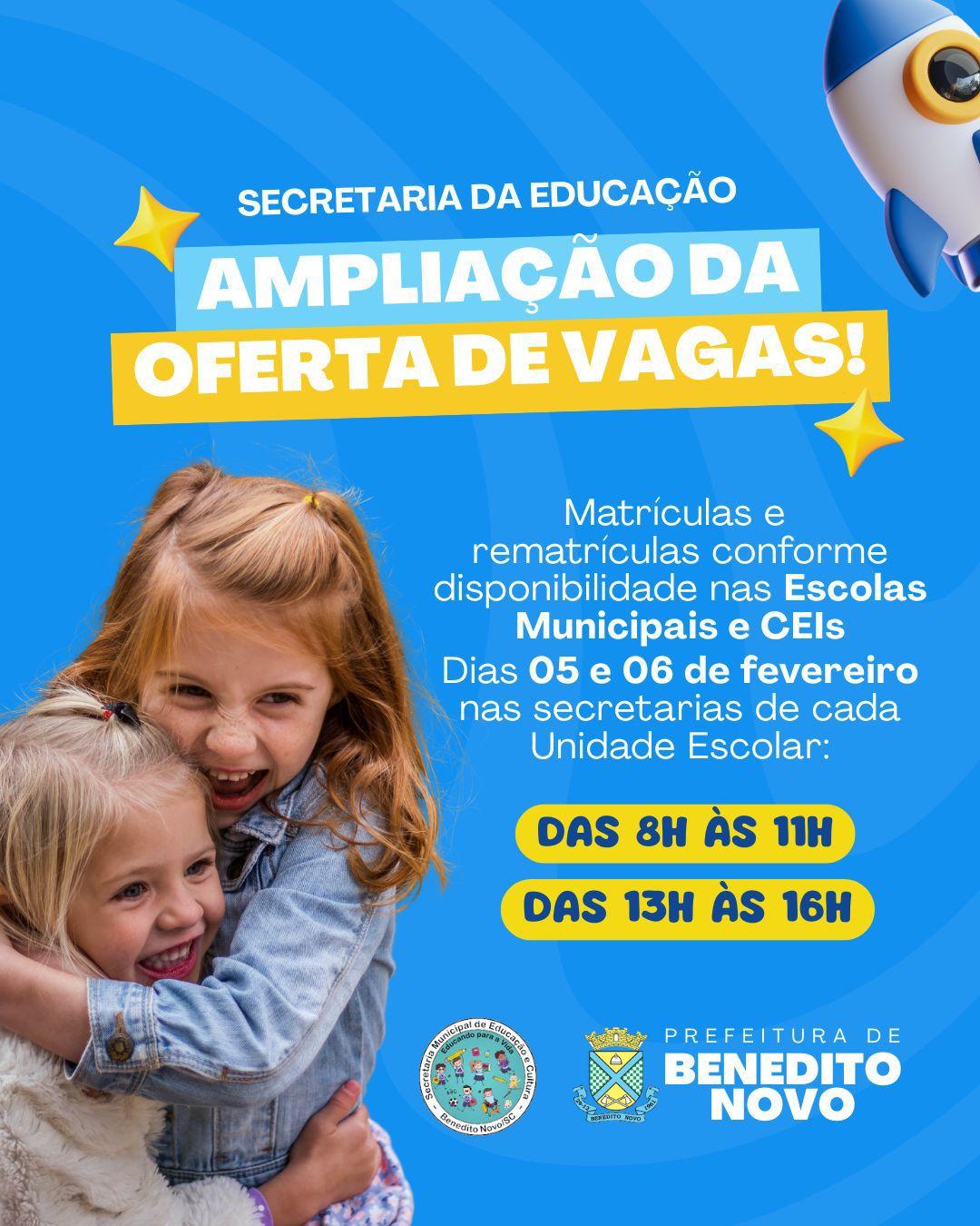 Secretaria de Educação de Benedito Novo amplia oferta de vagas na rede municipal de ensino