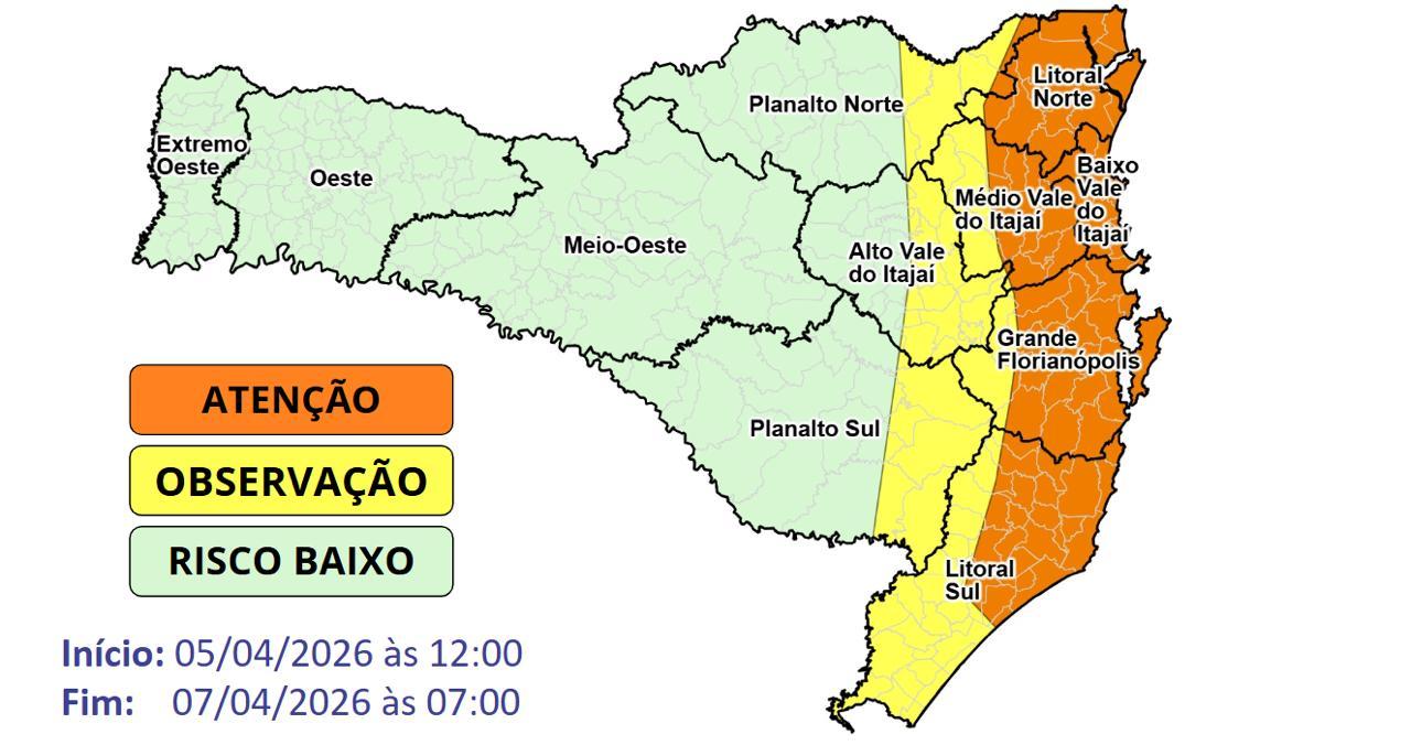 Timbó entra em período de atenção para chuva persistente e enxurradas entre domingo e terça-feira