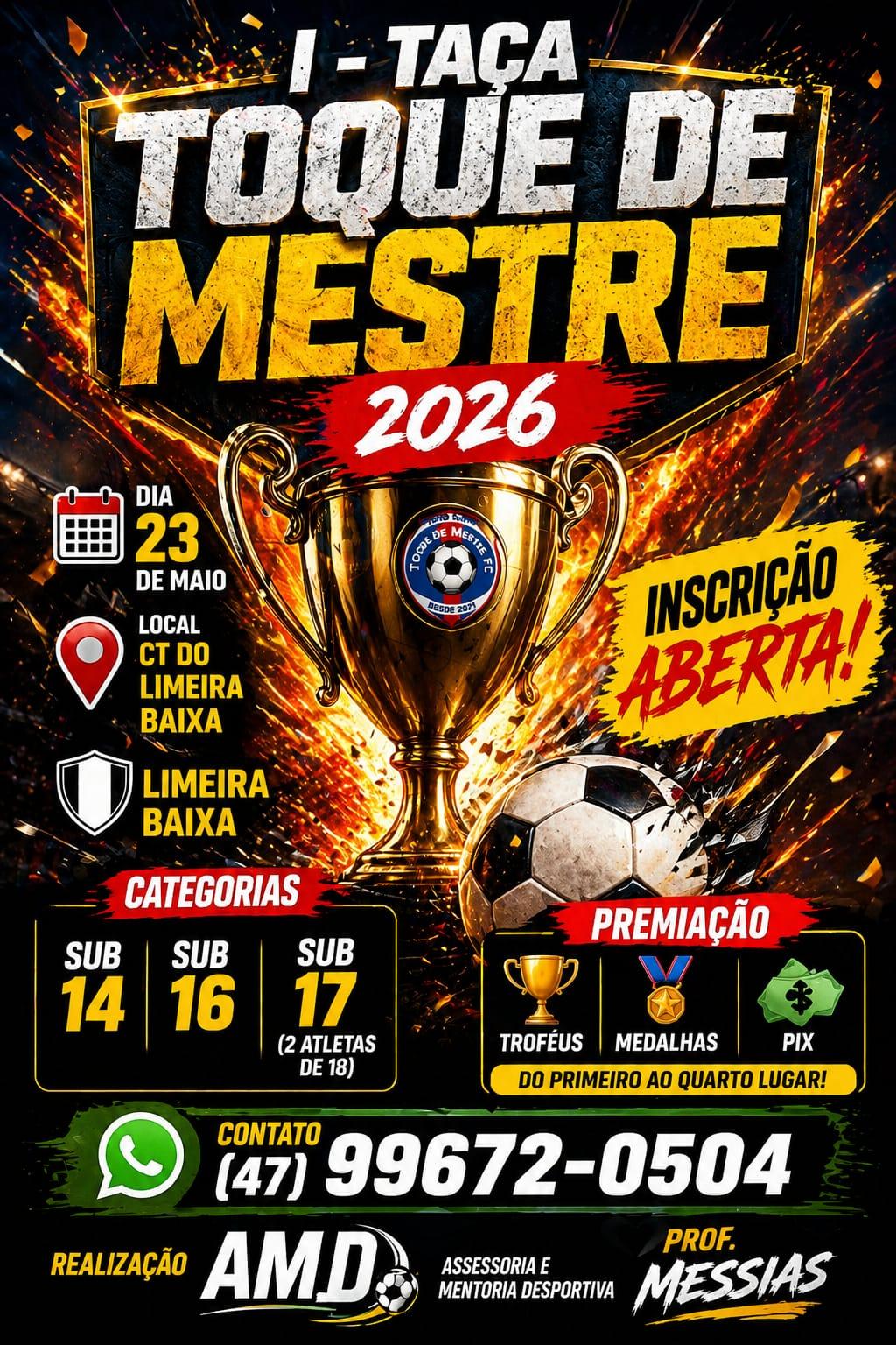 1ª Taça Toque de Mestre 2026 movimenta categorias de base em Limeira Baixa neste sábado(23)