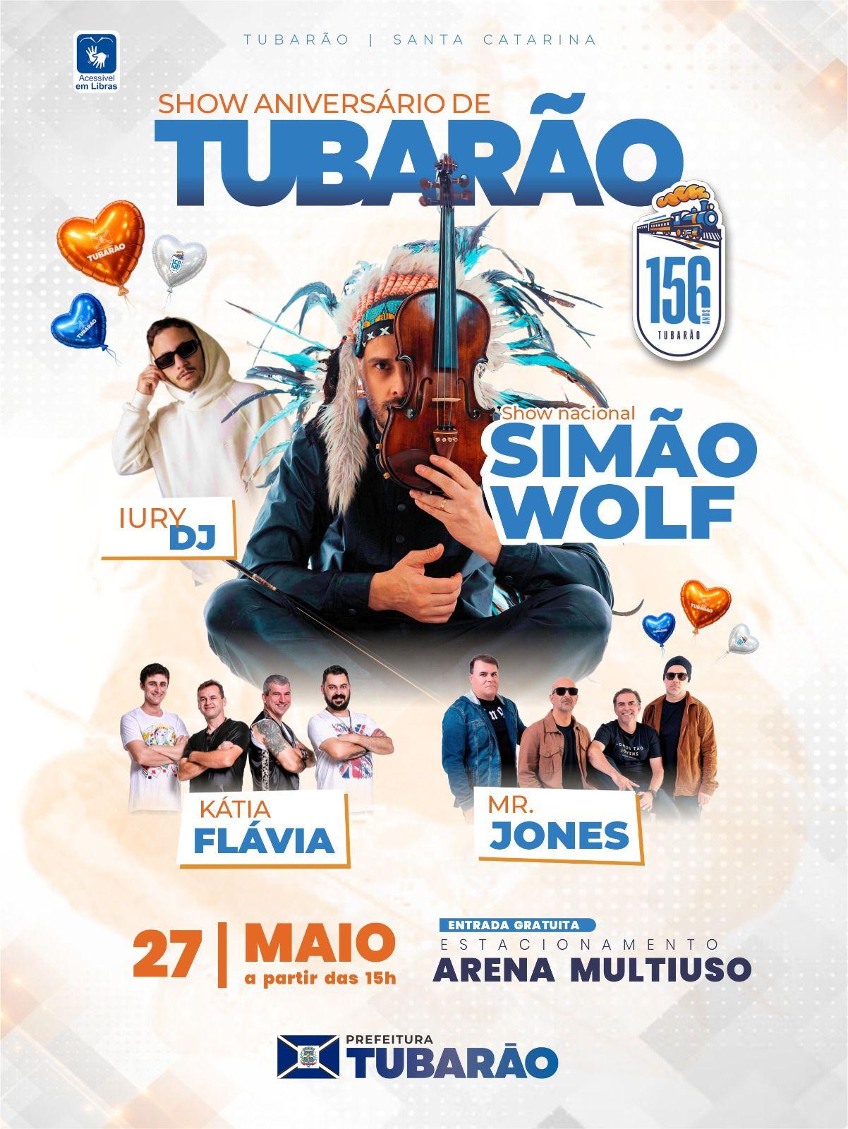 Dia do Aniversário de Tubarão será de muita música nesta quarta-feira (27) com grande show de Simão Wolf 