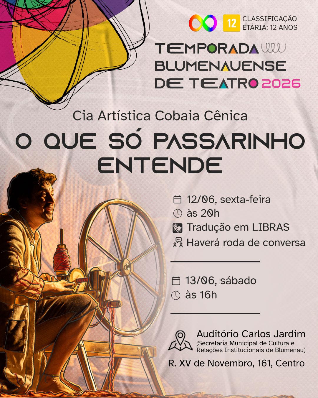 Espetáculo O que só Passarinho Entende, da Cia Artística Cobaia Cênica, se apresenta na Temporada Blumenauense de Teatro nos dias 12 e 13 de junho