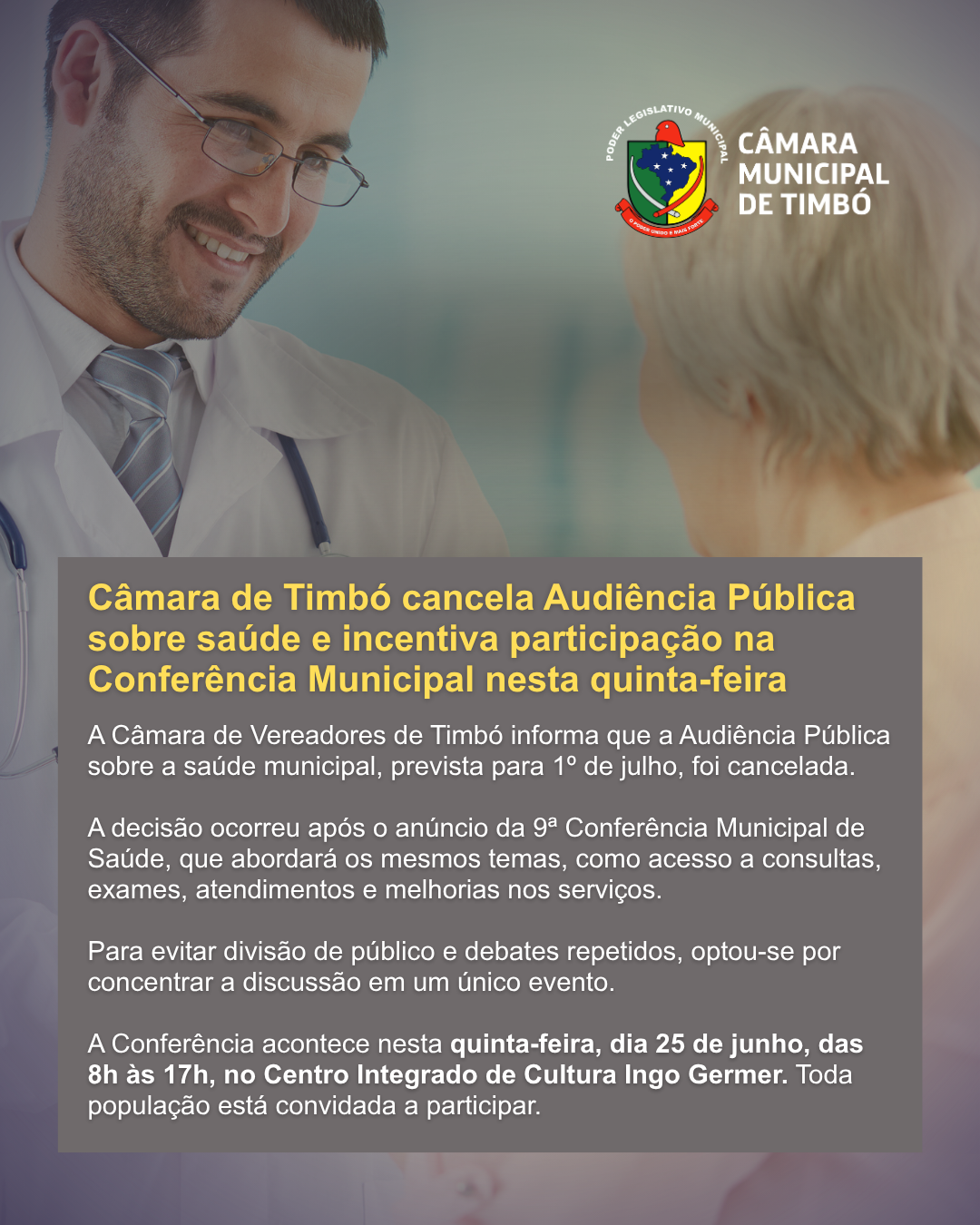 Câmara de Timbó cancela Audiência Pública sobre saúde e incentiva participação na Conferência Municipal nesta quinta-feira