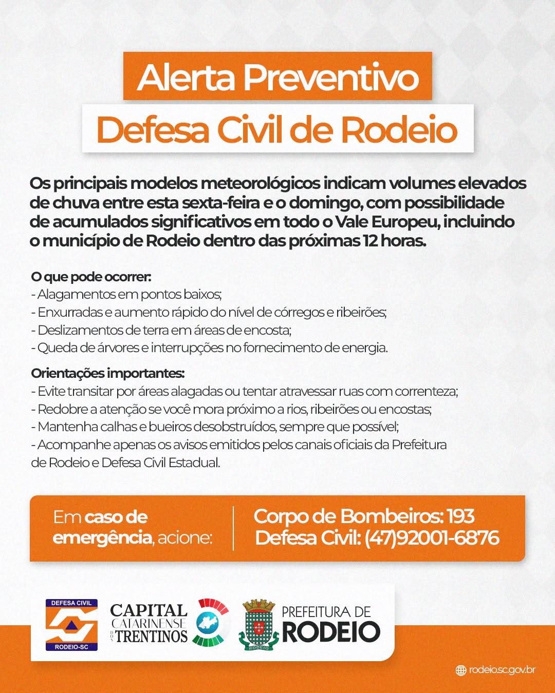 🚨 ALERTA PREVENTIVO – DEFESA CIVIL DE RODEIO