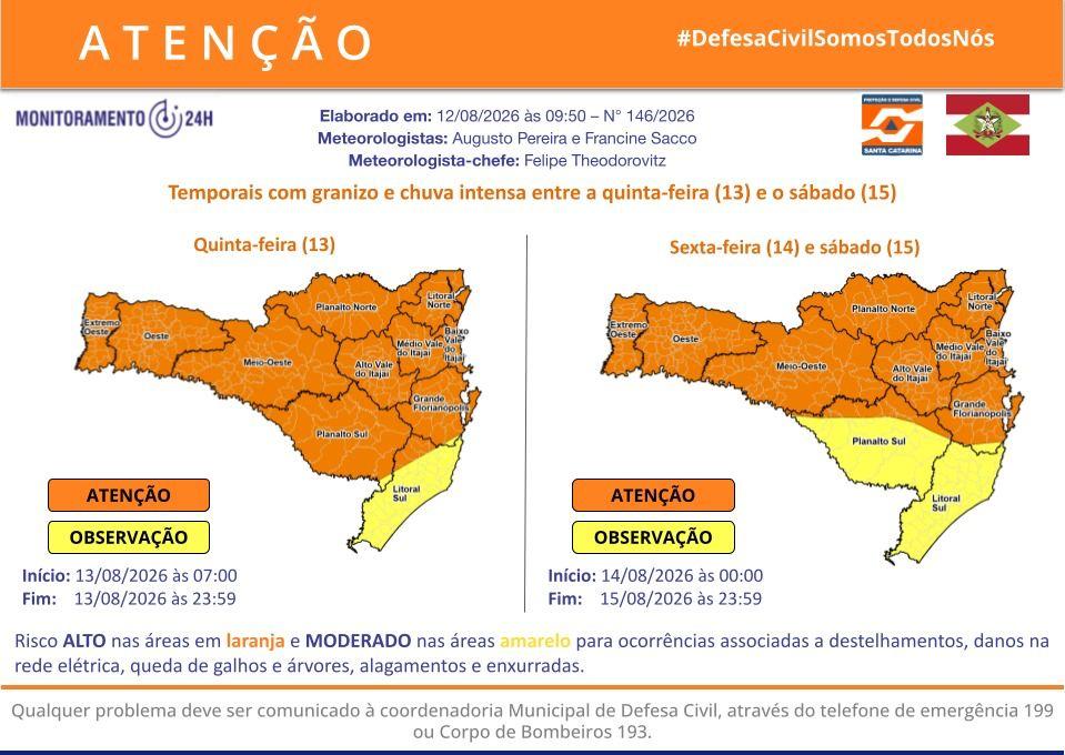 Defesa Civil alerta para possibilidade de chuvas volumosas e temporais em Timbó nos próximos dias