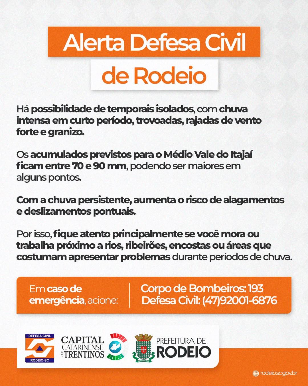 Rodeio entra em alerta para temporais e até 90 mm de chuva entre quinta e sábado