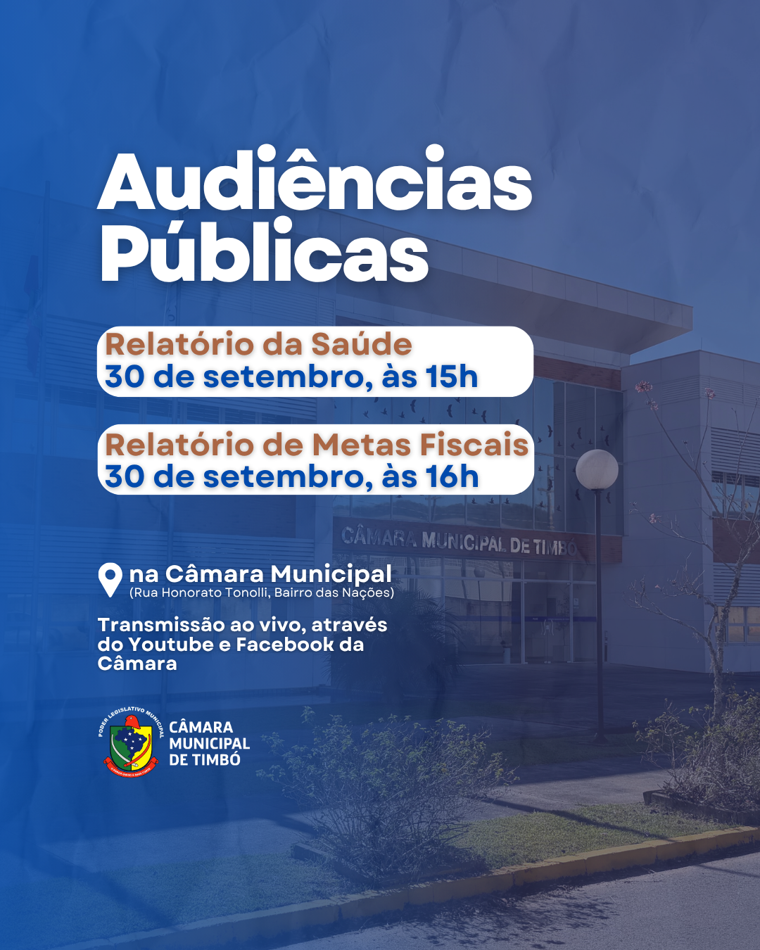 Câmara de Timbó realiza Audiências Públicas de apresentação de relatório da Saúde e de Metas Fiscais no dia 30 de setembro