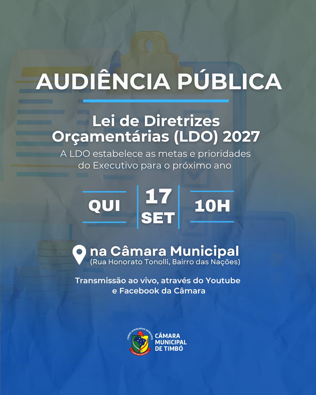 Câmara realiza Audiência Pública para discutir Lei de Diretrizes Orçamentárias de Timbó no dia 17 de setembro
