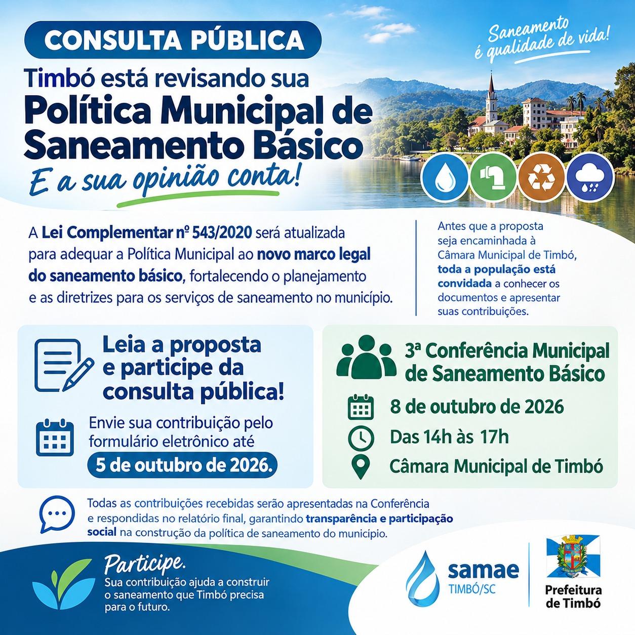 Consulta Pública - Alterações na Política Municipal de Saneamento Básico de Timbó