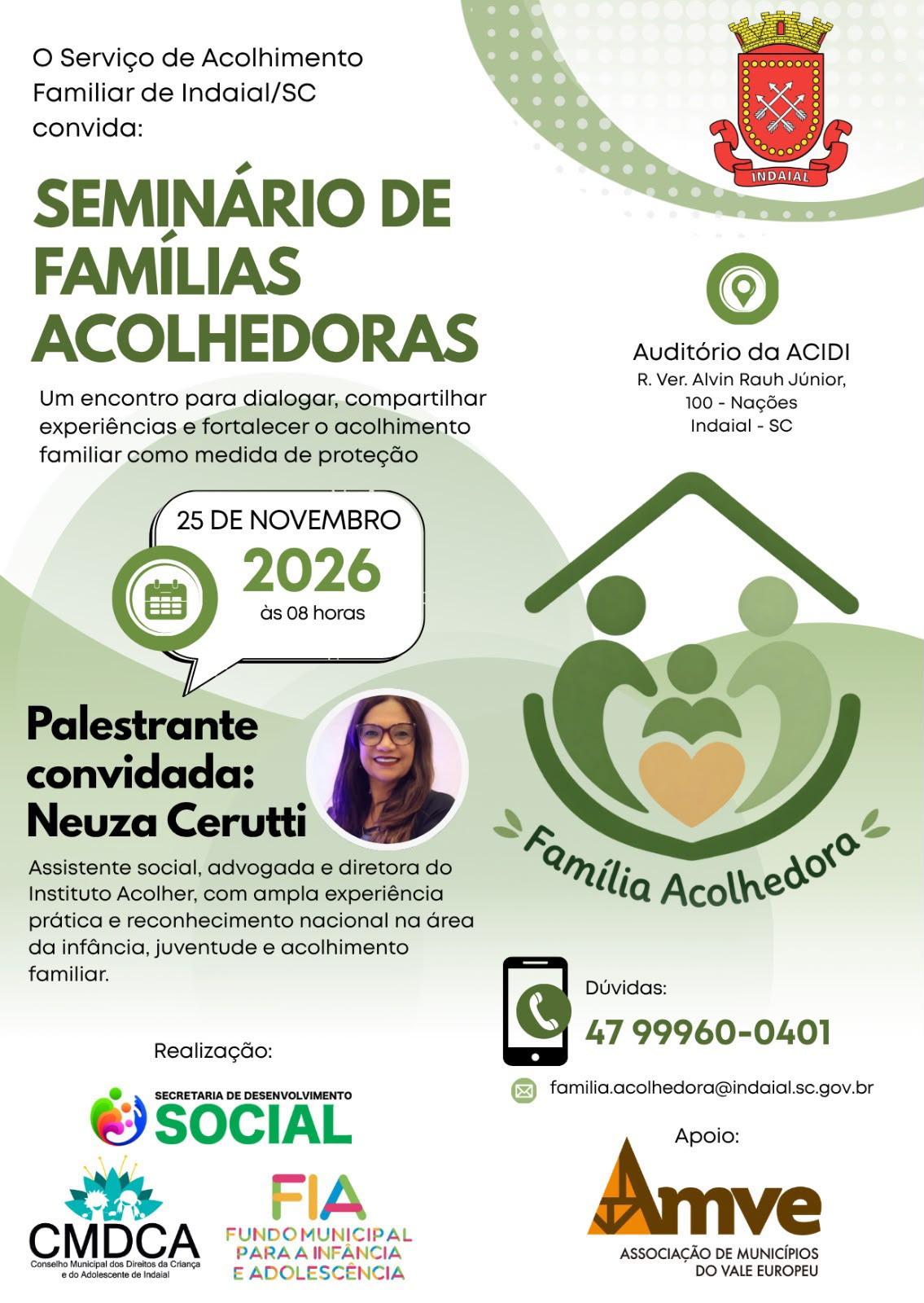 Indaial sedia Seminário de Famílias Acolhedoras no dia 25 de novembro