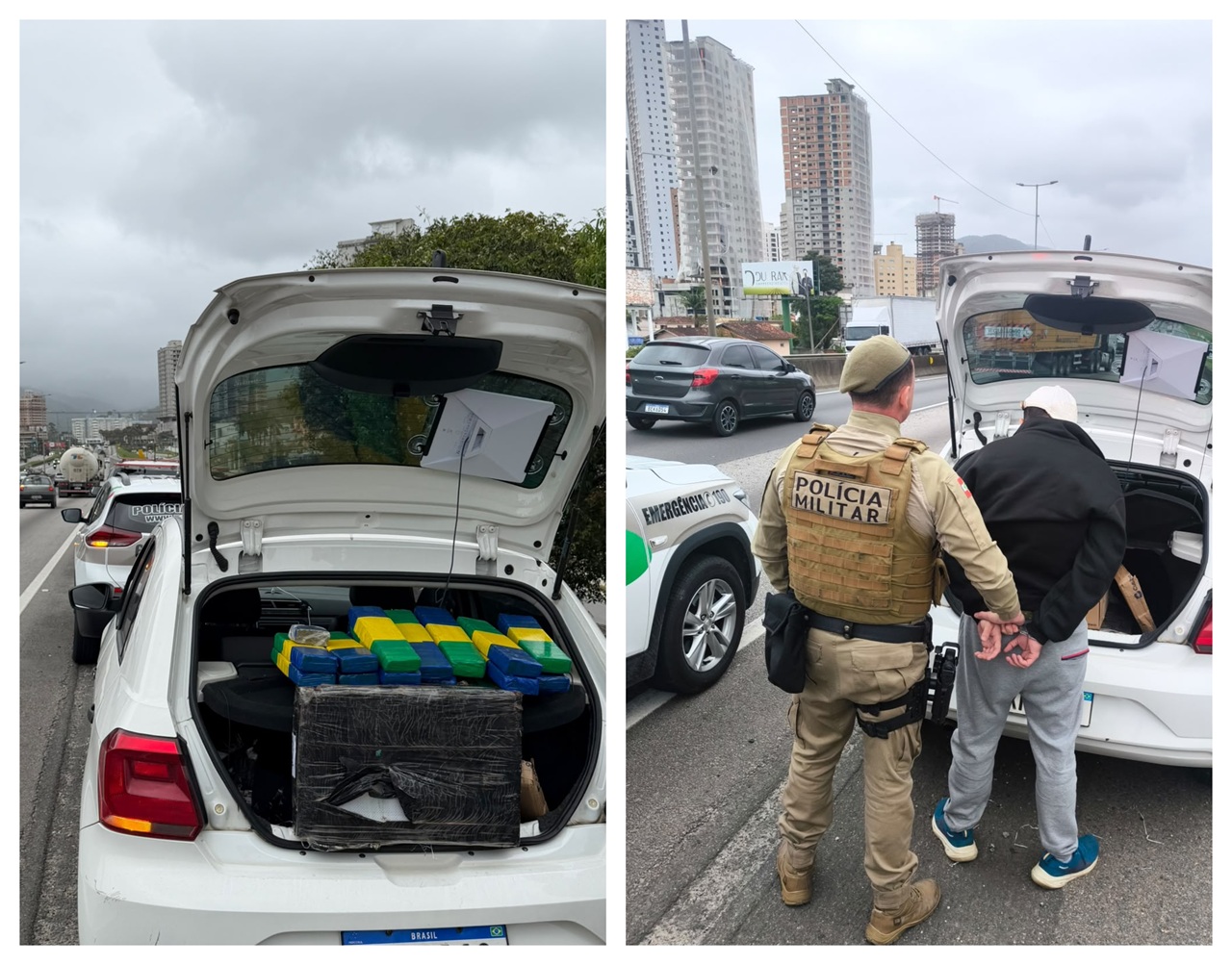 Quase 30 quilos de drogas são apreendidos na BR-101 em Itapema após perseguição com apoio policial aéreo