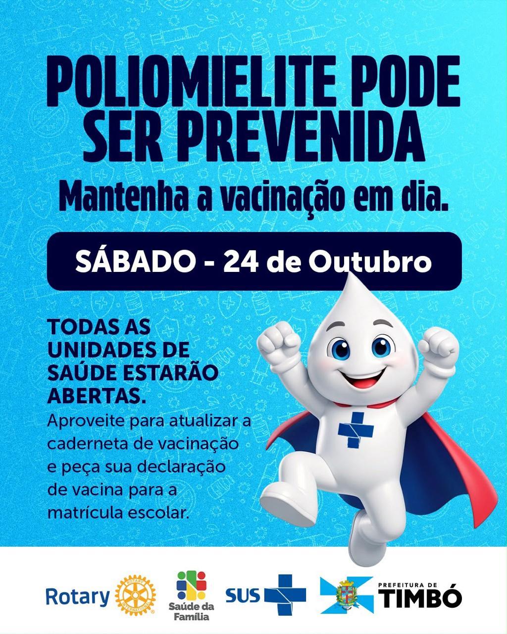 Timbó realiza mobilização contra a poliomielite com vacinação em todas as Unidades de Saúde neste sábado