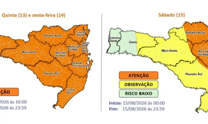 A Defesa Civil de Brusque atualiza a população com base nas informações mais recentes da Defesa Civil de Santa Catarina (SDC/SC)