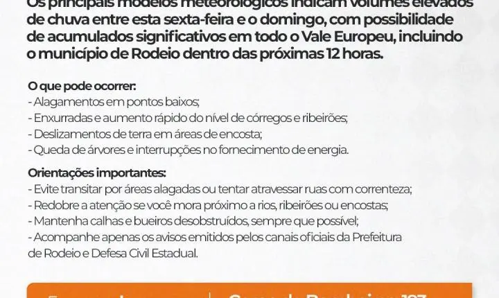🚨 ALERTA PREVENTIVO – DEFESA CIVIL DE RODEIO
