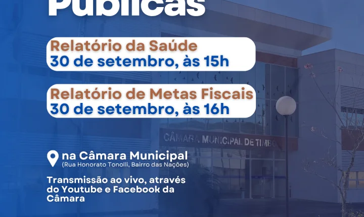 Câmara de Timbó realiza Audiências Públicas de apresentação de relatório da Saúde e de Metas Fiscais no dia 30 de setembro