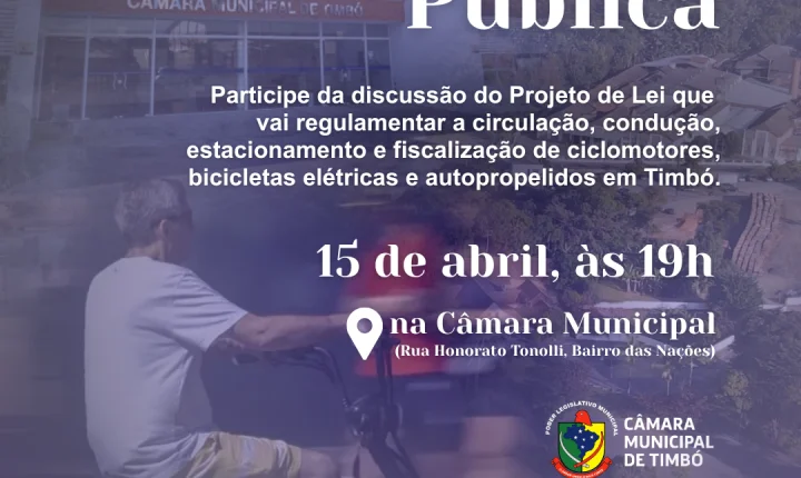 Câmara de Timbó vai discutir projeto de lei que estabelece regras de uso para ciclomotores, bicicletas elétricas e autopropelidos no município