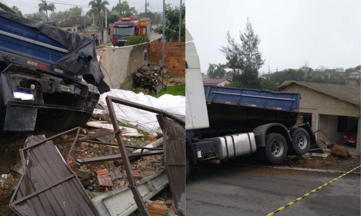 Caminhão sai da pista e bate em muro de residência em Criciúma
