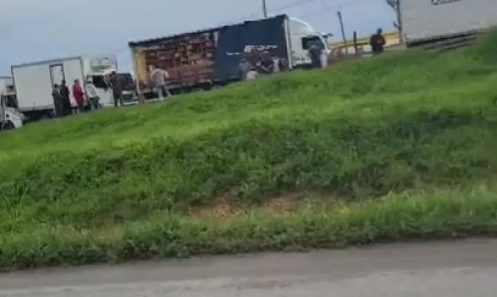 Engavetamento entre caminhões deixa trânsito lento na BR-101 em Itajaí